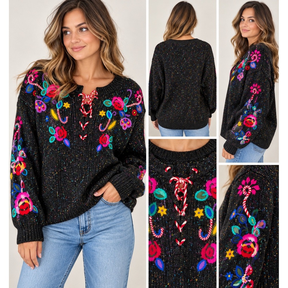 Vintage Together! Black Confetti Knit Floral Embroidered Lace Up Sweater XL